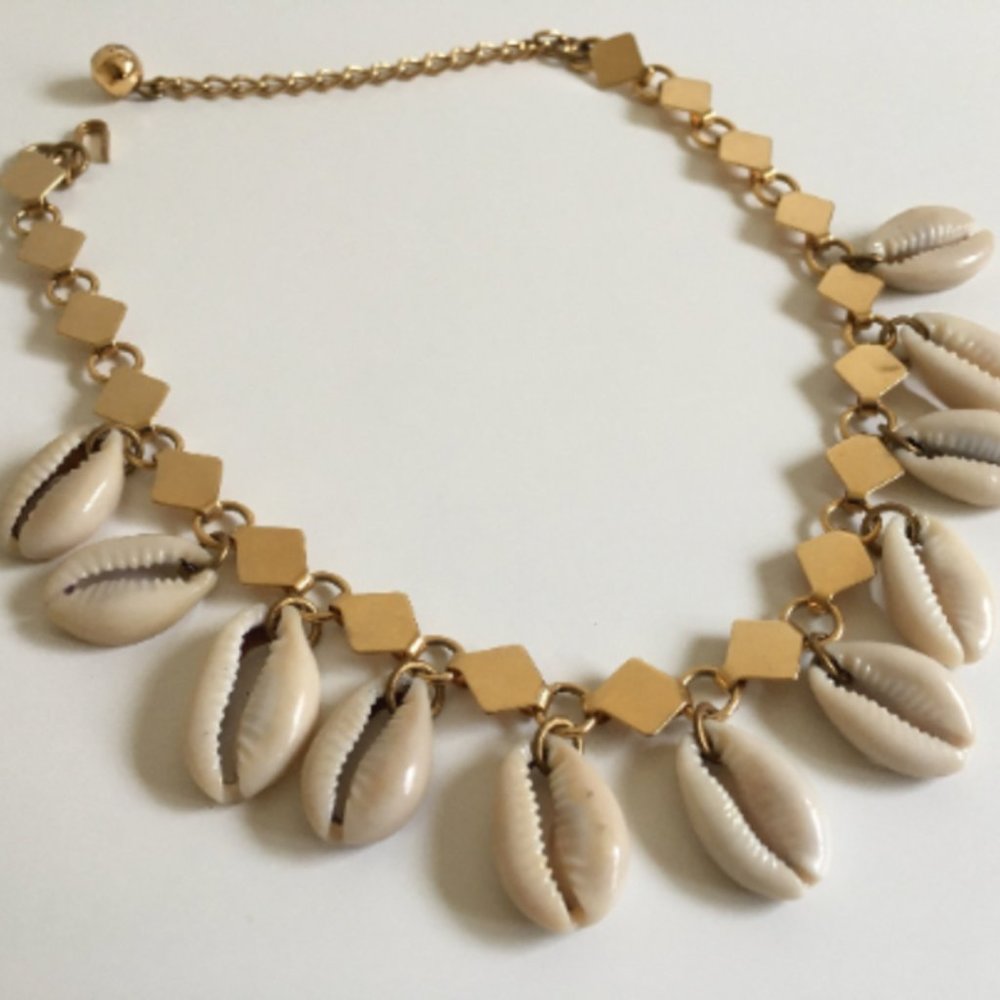 Gold Tone Cowry Shell Choker Shell Beaded Necklace